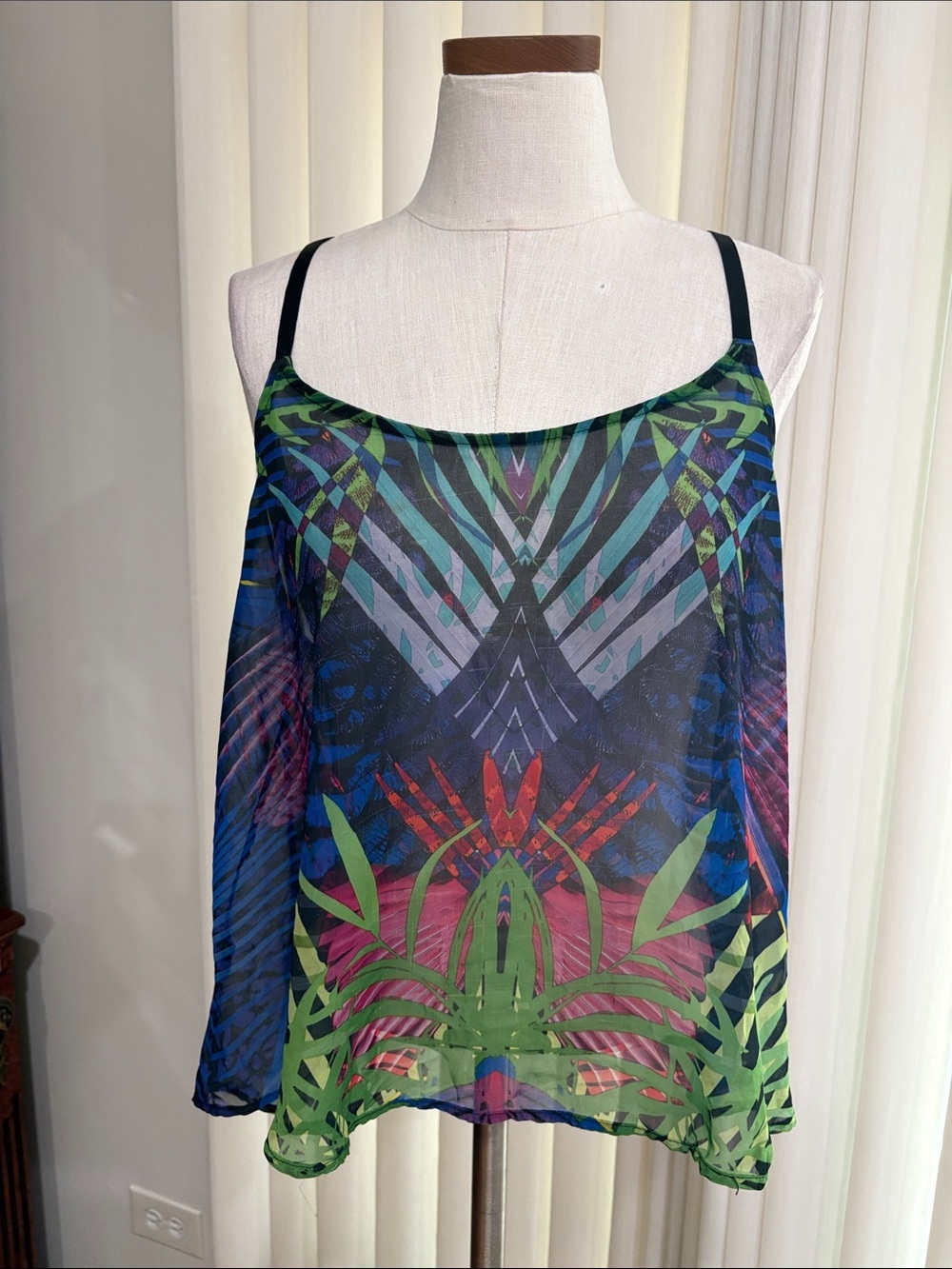 Decree Sheer Tropical Print Camisole tank Y back adj straps size Large